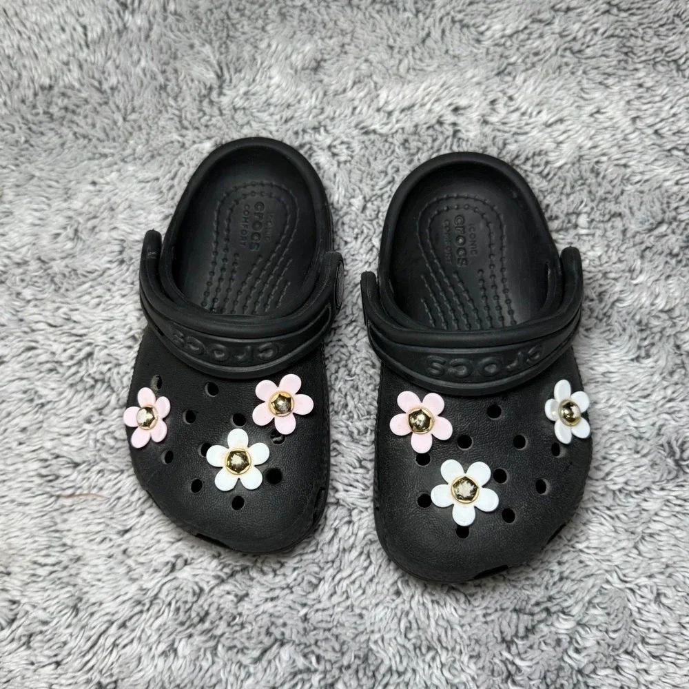 Crocs Classic Clogs Black Toddler Sz 5 Floral Flower Jibbitz Charms Slip On Shoe